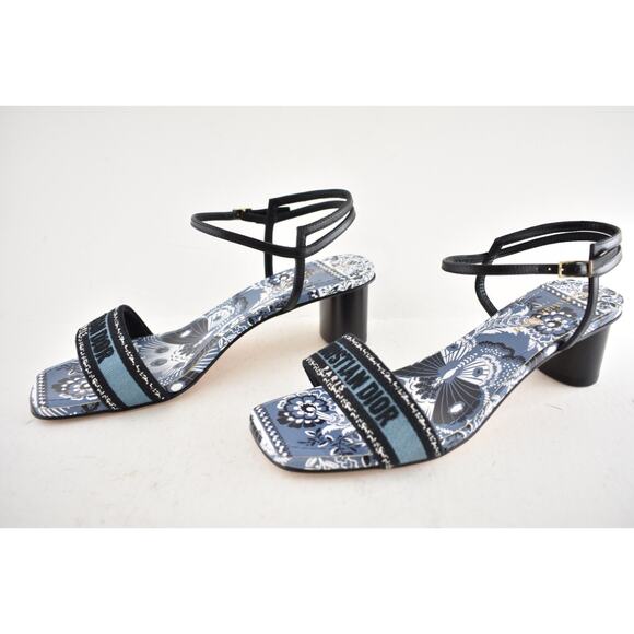 Dior Bandana Embroidered Black Blue Dway Heeled Sandal Strap Low Heel Pump 38.5 - Picture 11 of 13